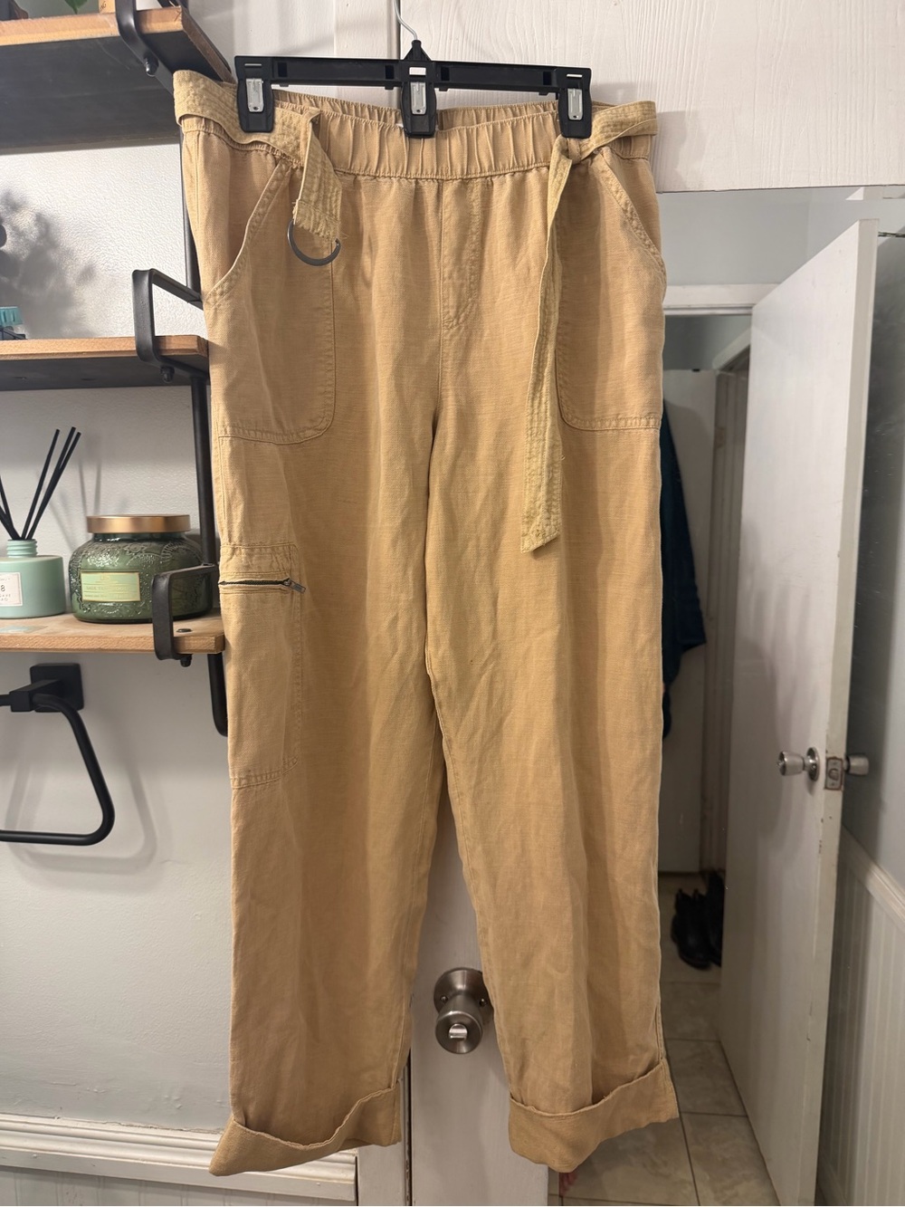 Nicole Miller Women's Linen Drawstring Cargo Trousers in Tan